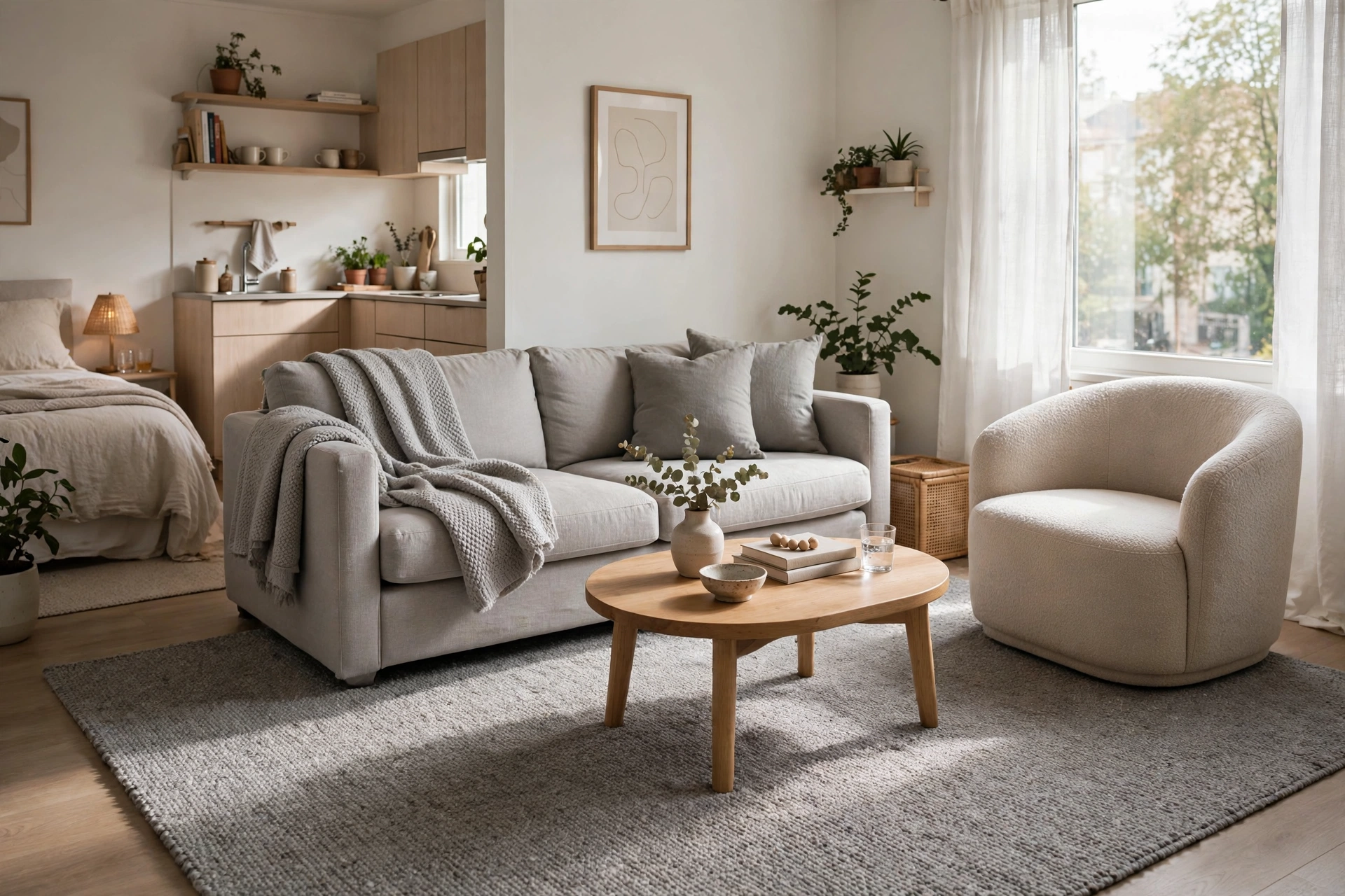 All living room furniture fully placed on a large gray low-pile rug in a studio