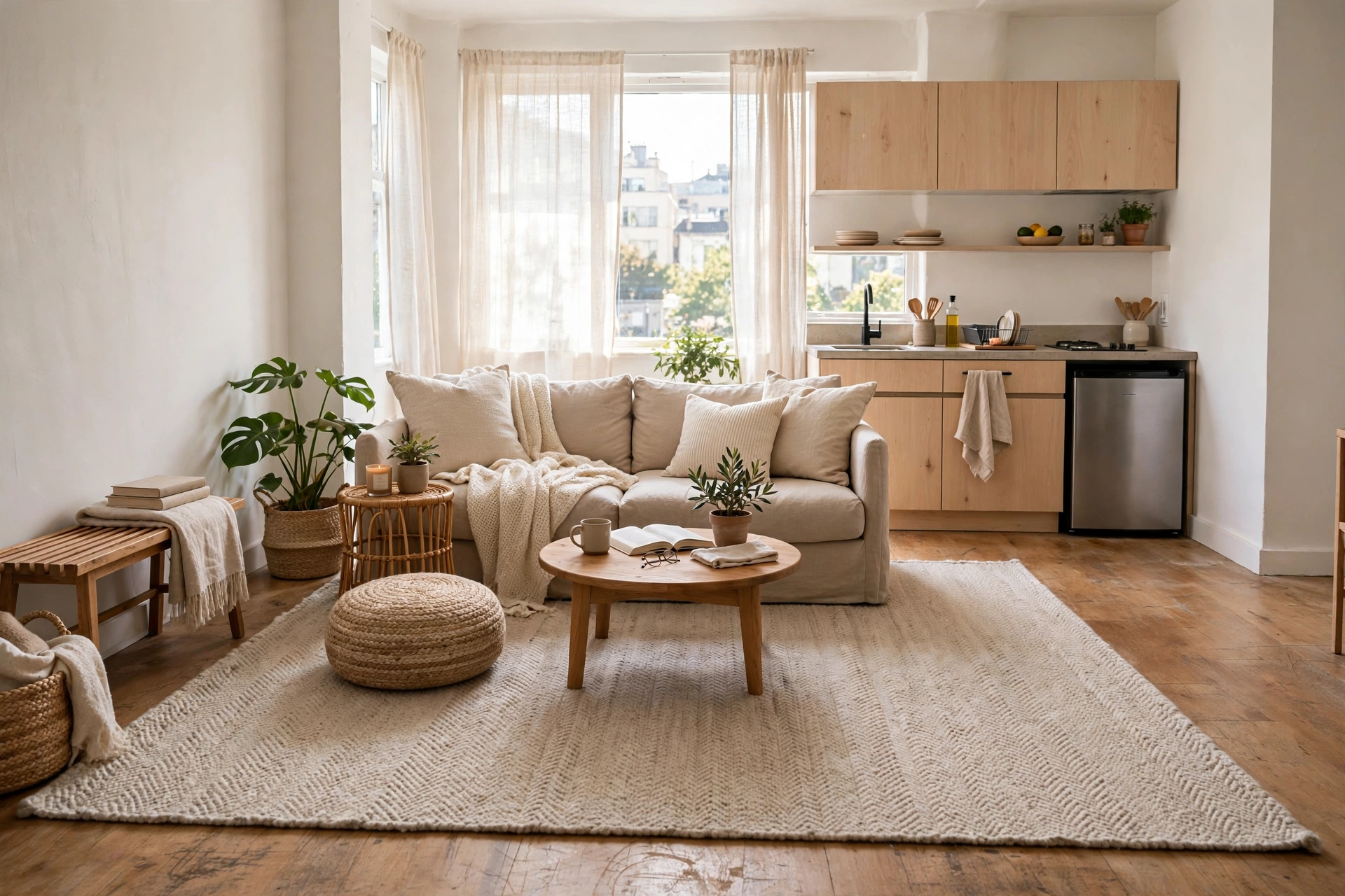 Large beige rug defining the living zone in an open-plan studio apartment