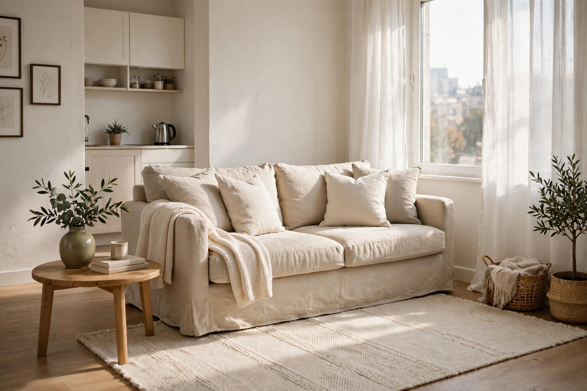 Cream wool area rug with subtle texture under a linen sofa in a bright studio