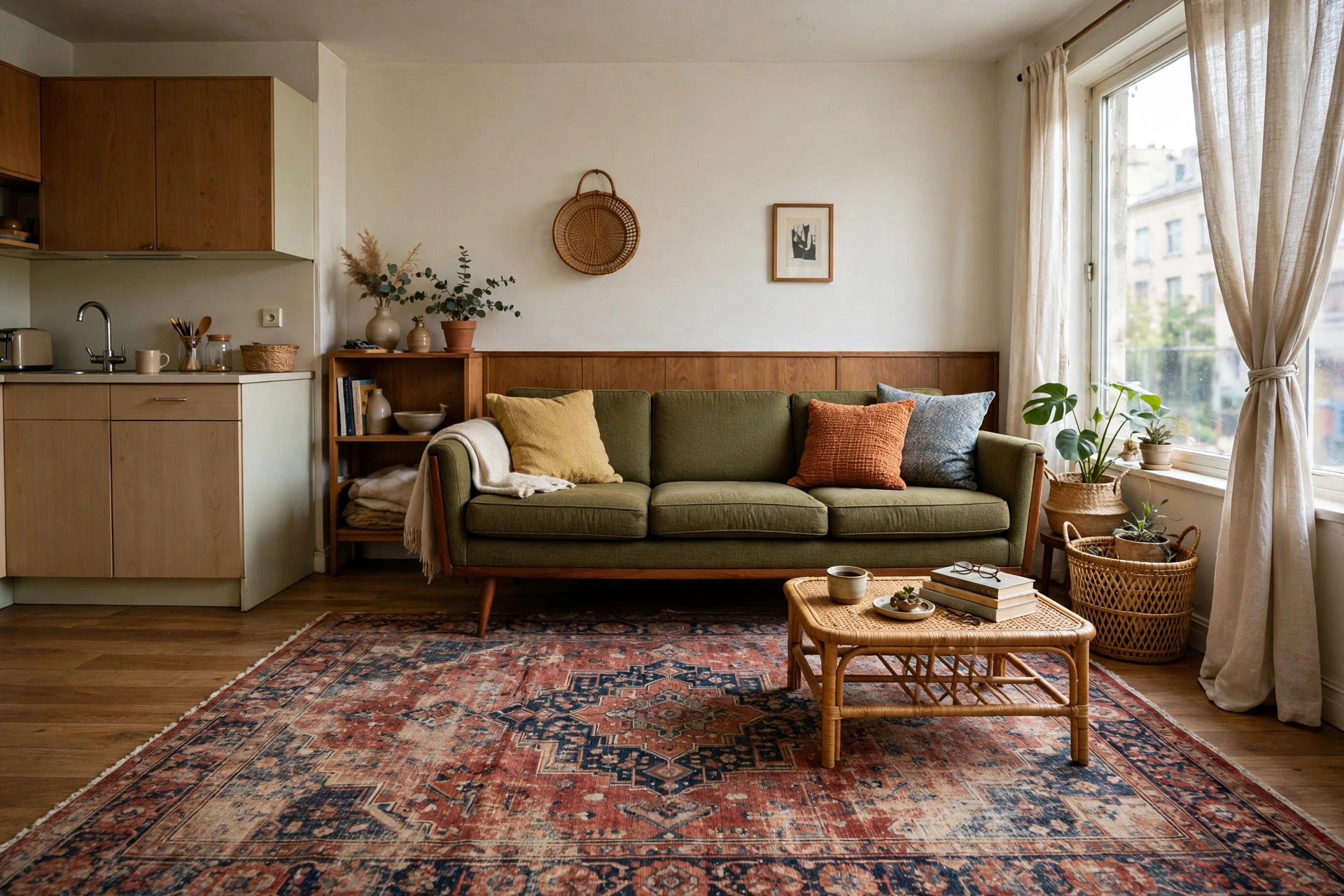 Faded vintage-style Persian rug under a mid-century sofa in a studio living area
