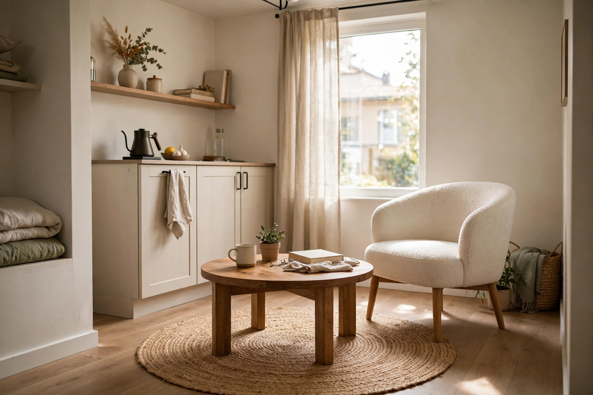 Round jute rug under a round wooden coffee table in a studio sitting nook