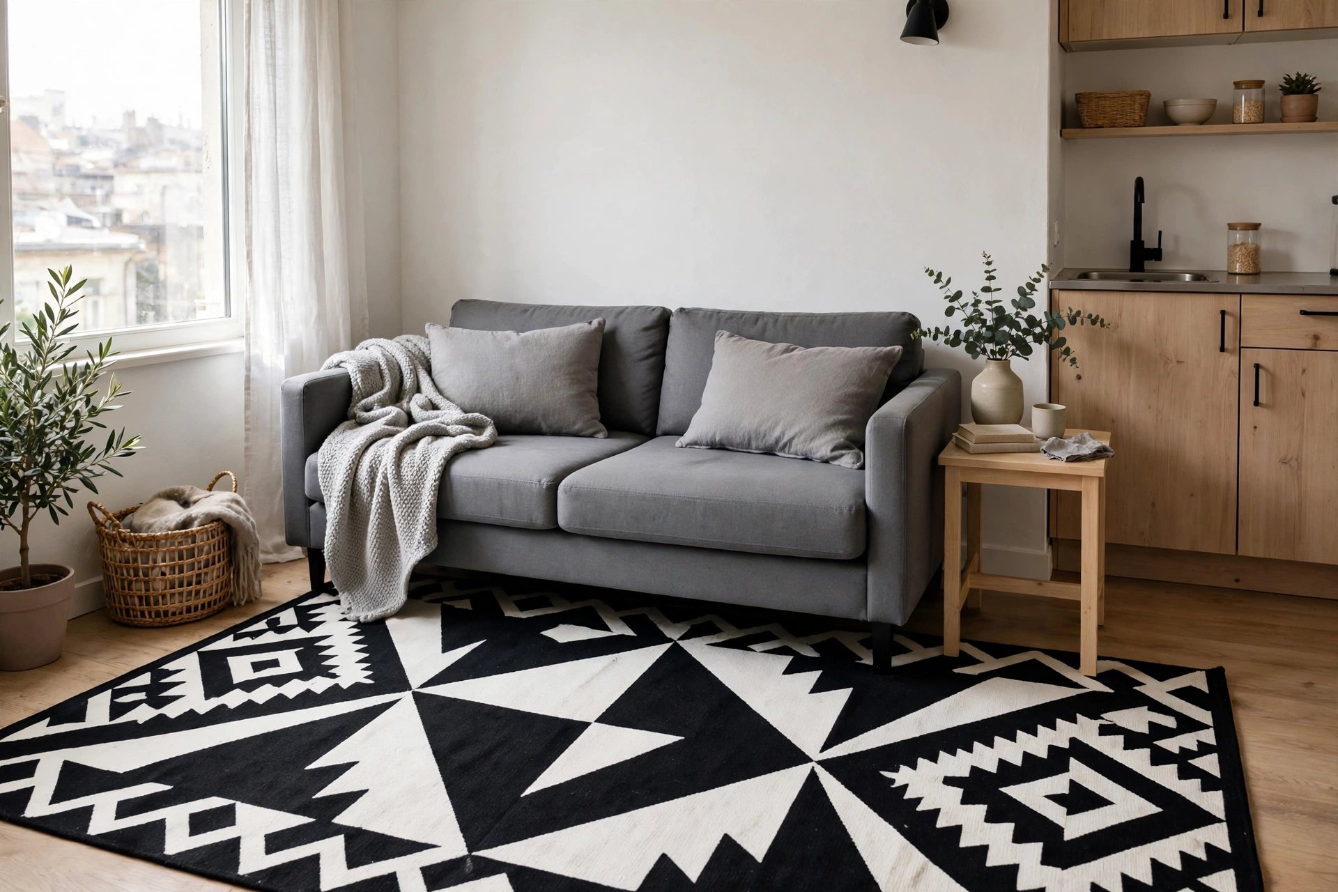 Bold black and white geometric rug under a modern sofa in a studio apartment