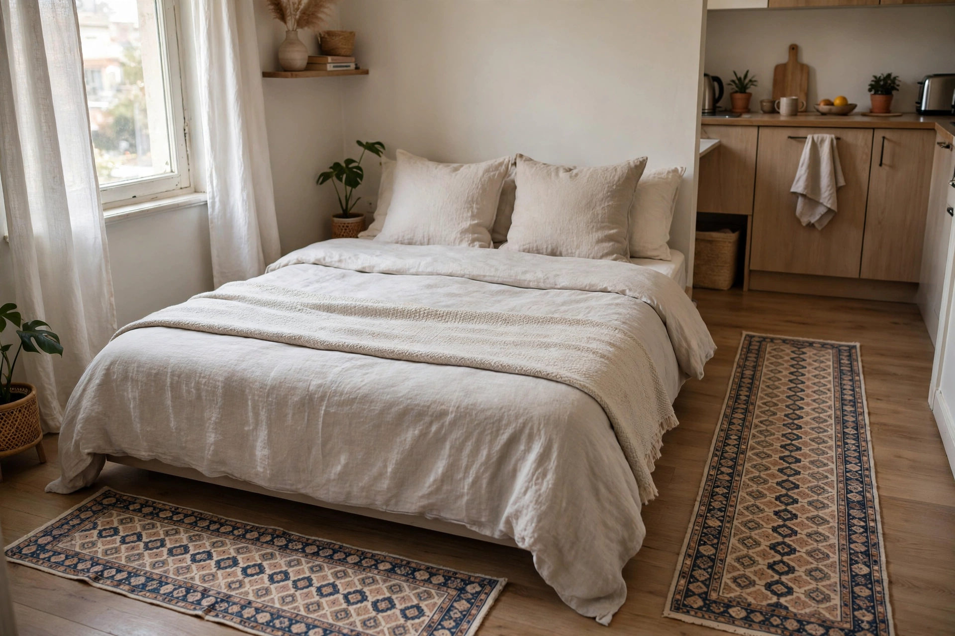Two matching patterned runners flanking both sides of a bed in a studio sleeping area
