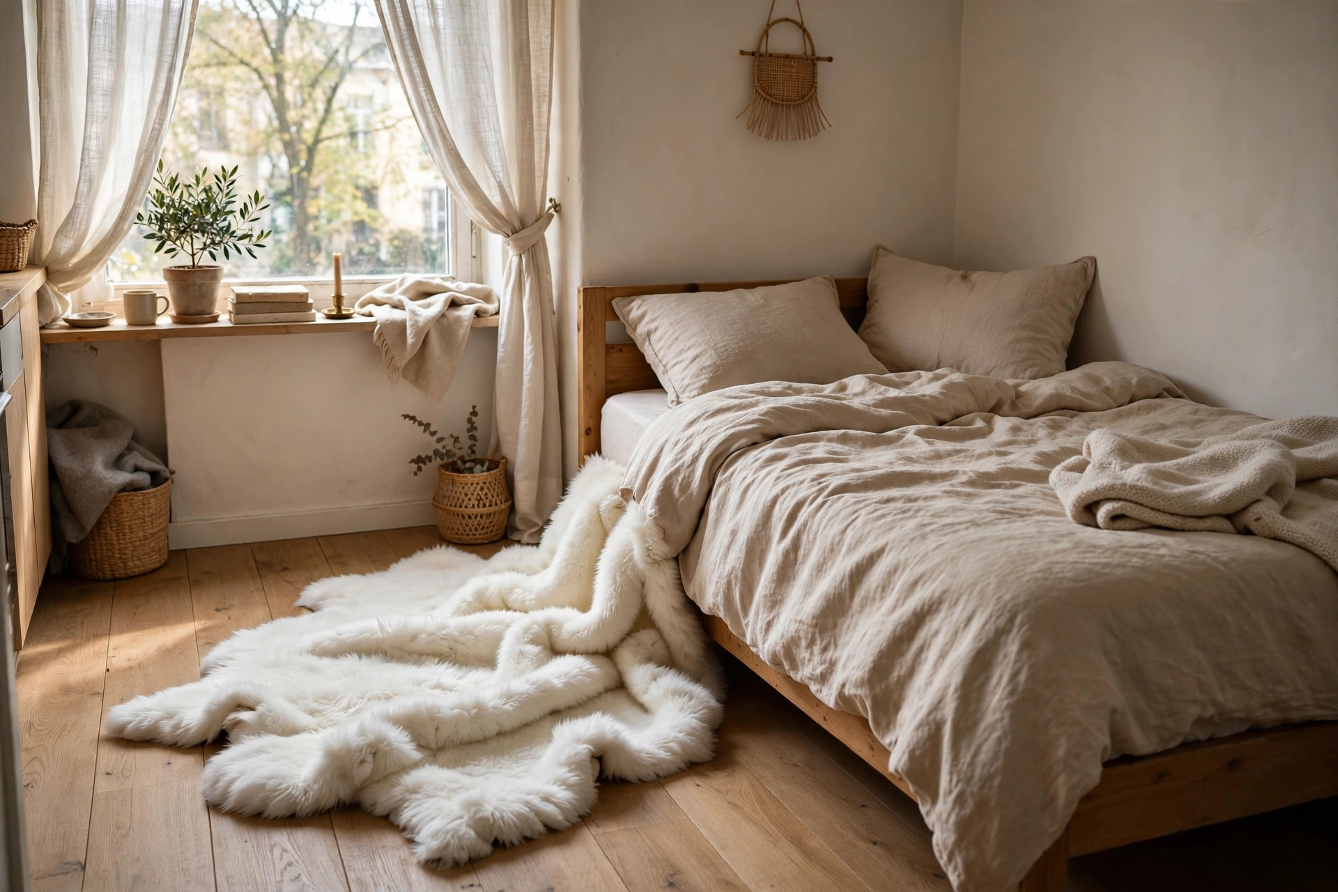 White faux fur sheepskin rug beside a bed on a wood floor in a cozy studio nook