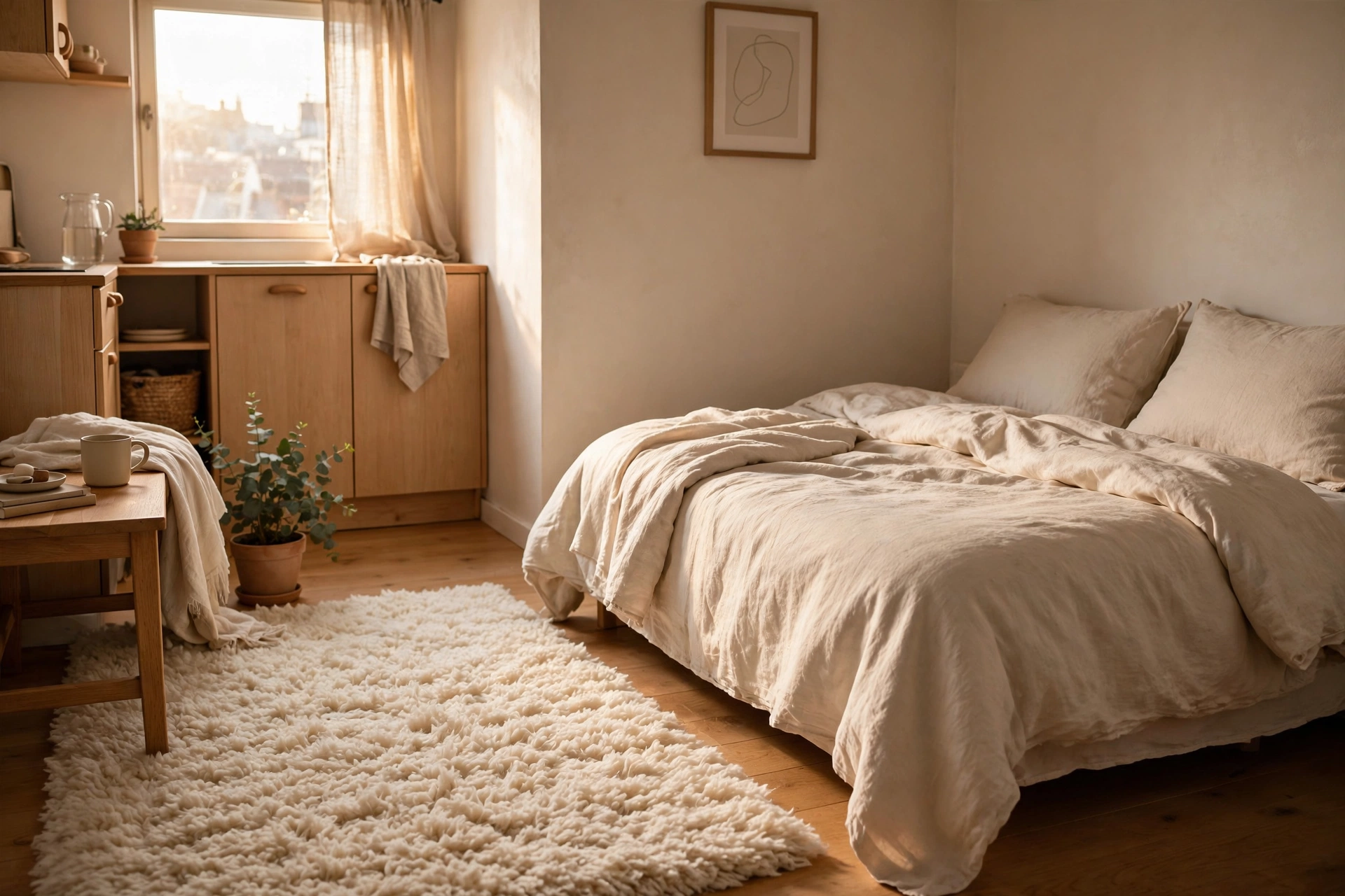 Plush cream shag rug beside a bed in a warm studio bedroom zone