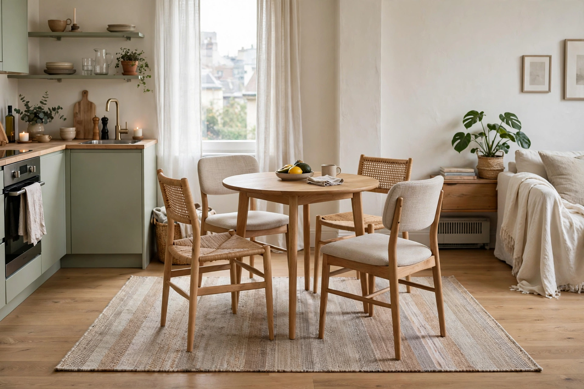 Flatweave rug under a round dining table with all chairs fitting on the rug