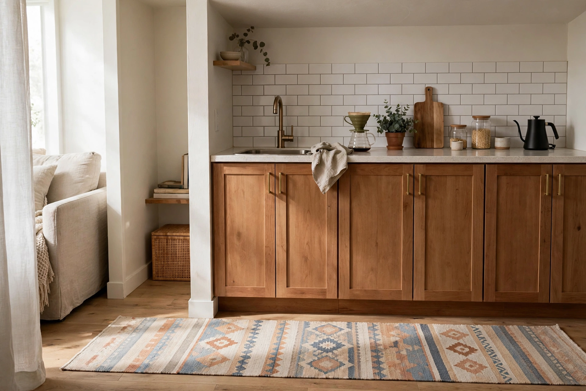 Washable patterned runner rug in front of kitchen cabinets in a studio kitchenette