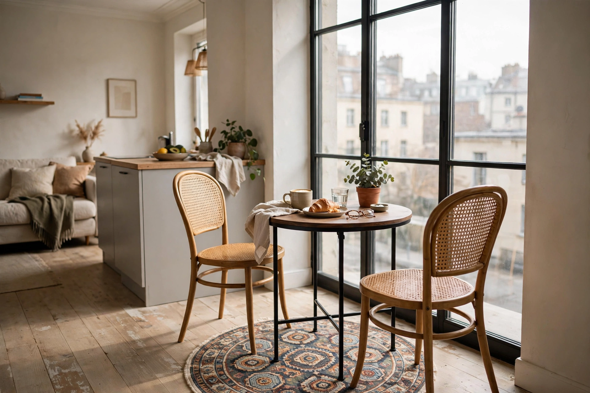 Small round patterned rug under a bistro table with two chairs by a studio window