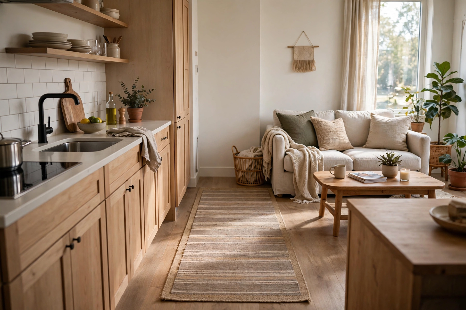 Long runner rug in a narrow galley zone between kitchen counter and living area