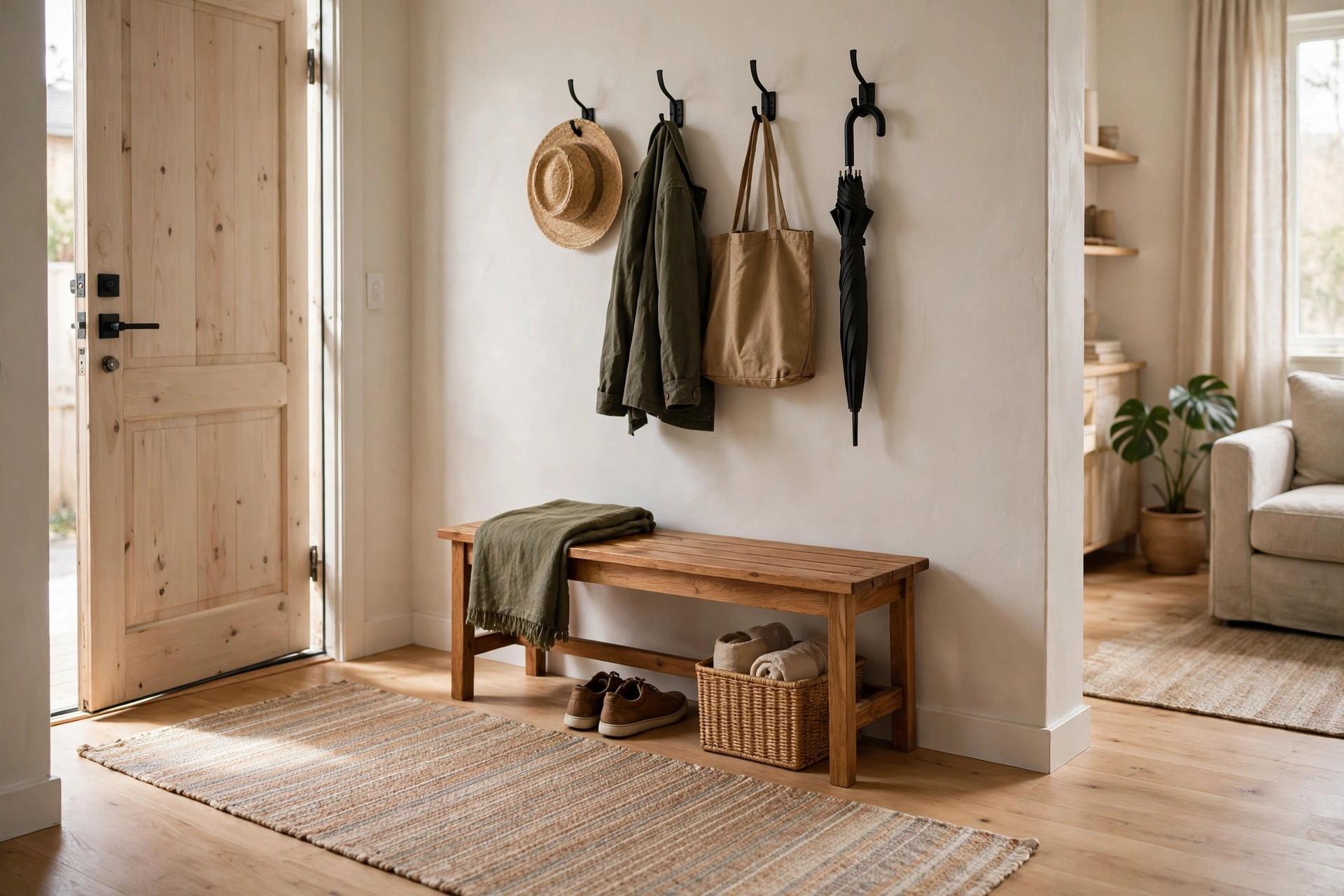 Entryway runner rug in a small studio apartment foyer with bench and coat hooks