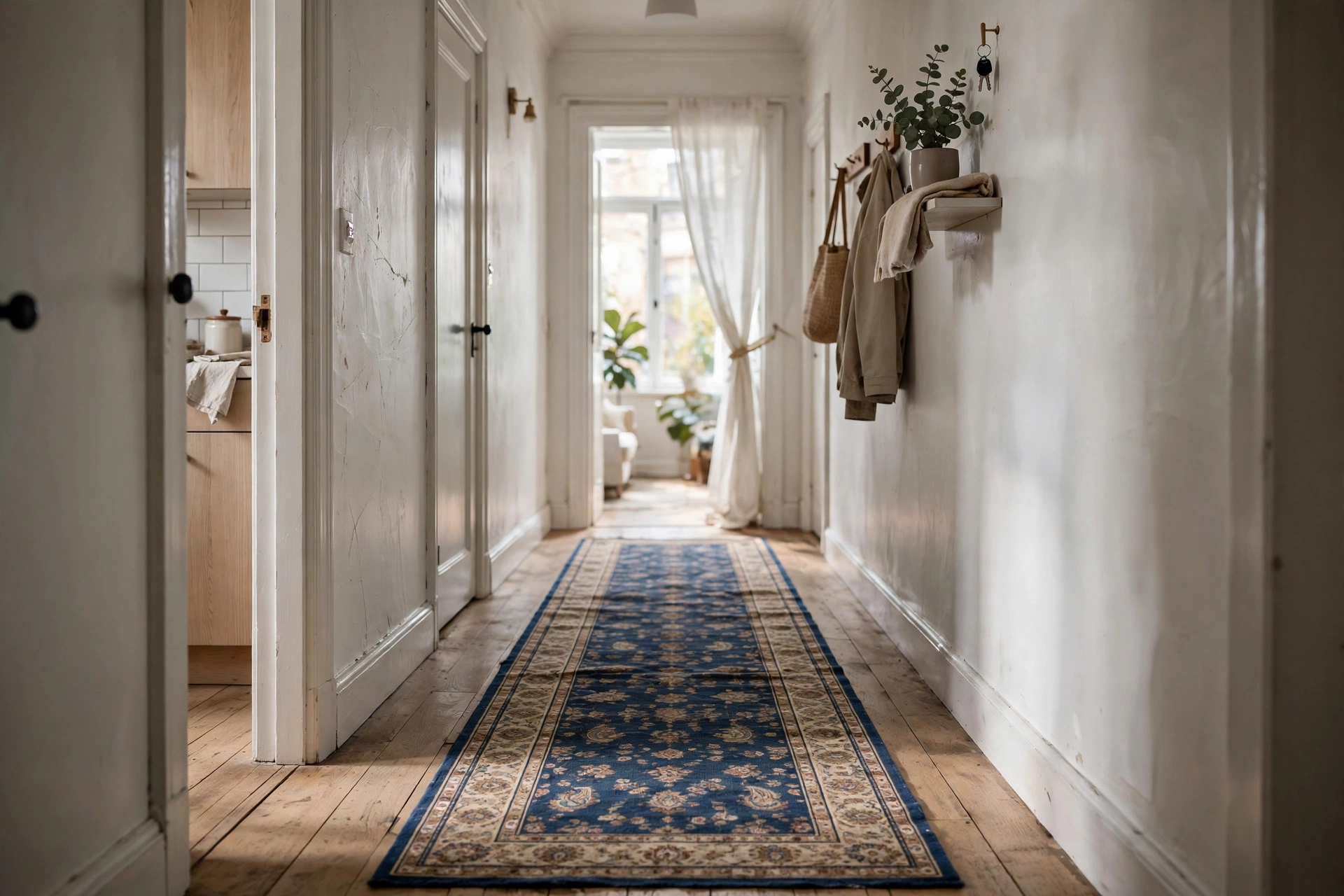 Long hallway runner with border pattern in a narrow studio apartment corridor