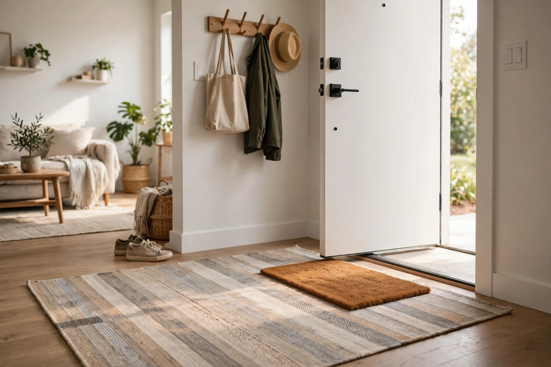 Coir doormat layered over a larger flatweave rug by a studio apartment front door