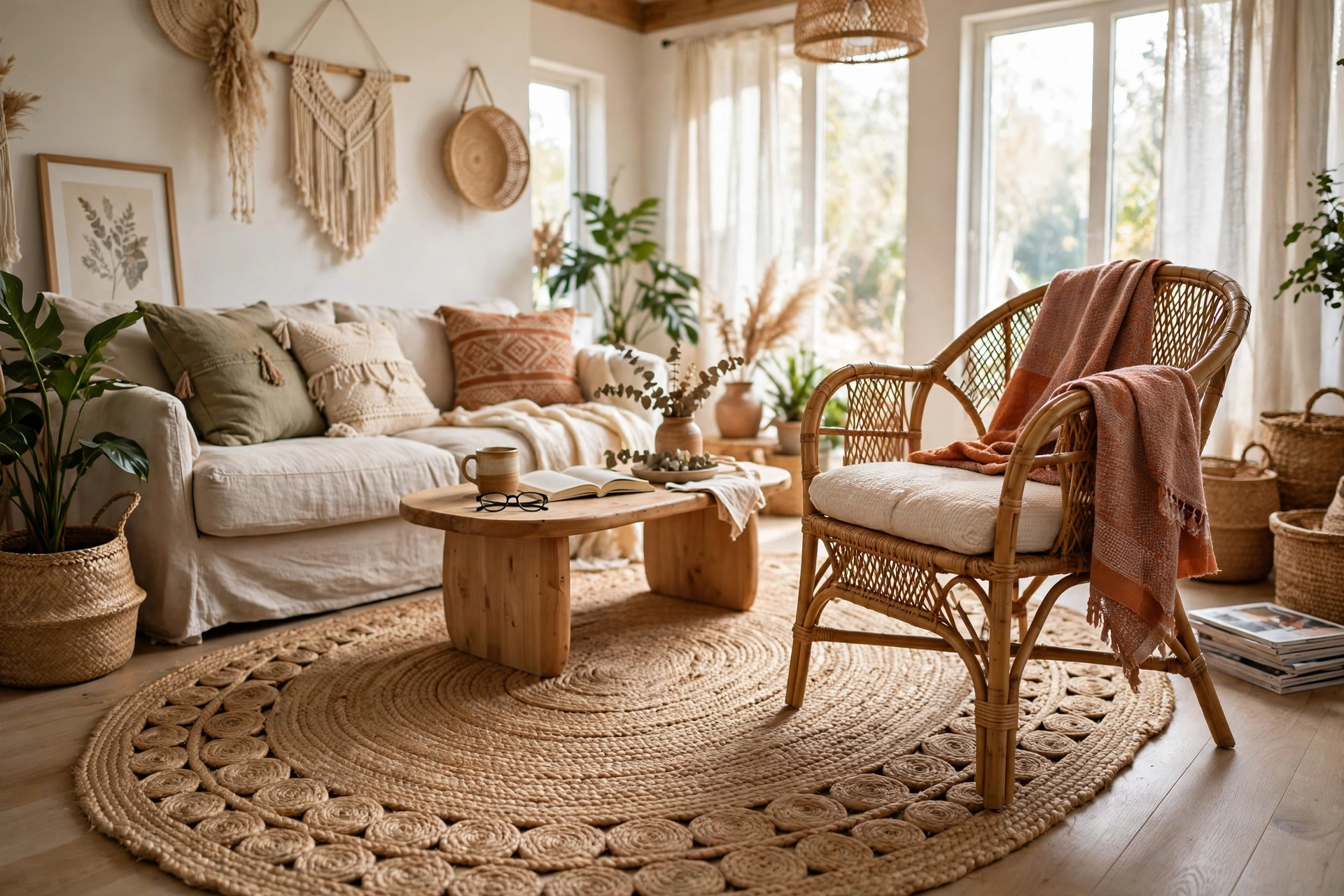 Natural jute area rug with braided texture in a bright boho studio living area