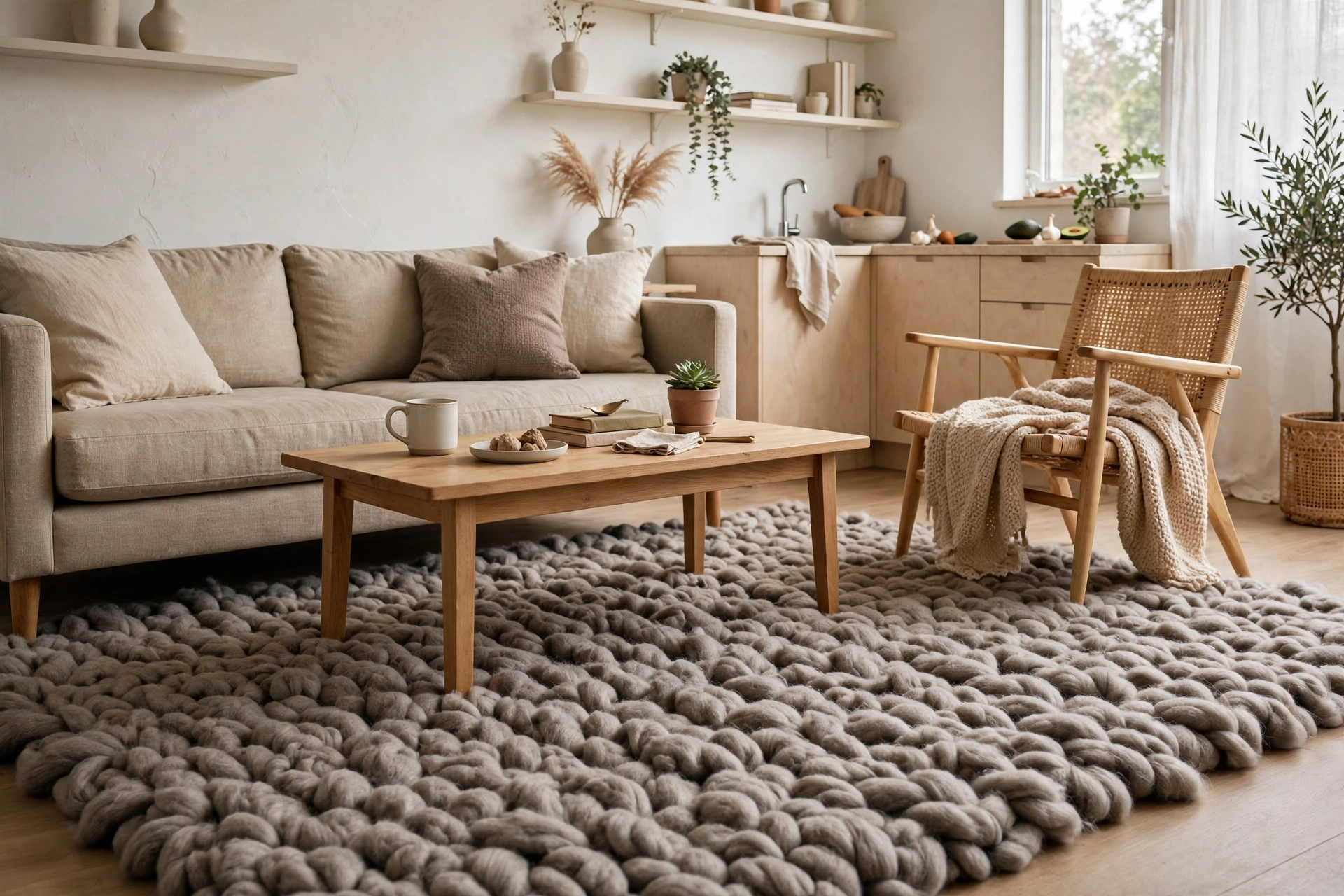 Thick hand-tufted wool rug in warm gray with dense pile in a studio apartment