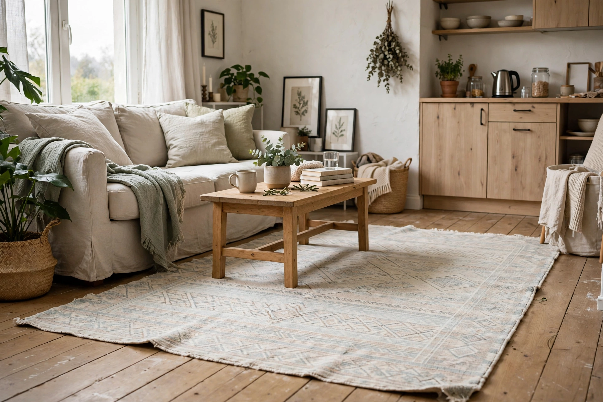 Machine-washable light patterned rug looking fresh in a lived-in studio living space
