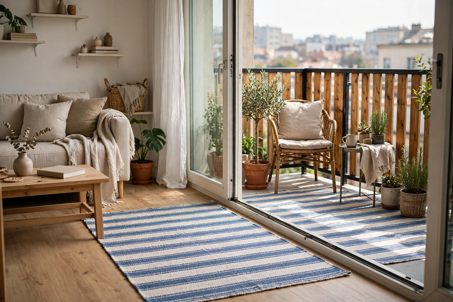 Striped indoor-outdoor rug on a studio apartment balcony transitioning to interior
