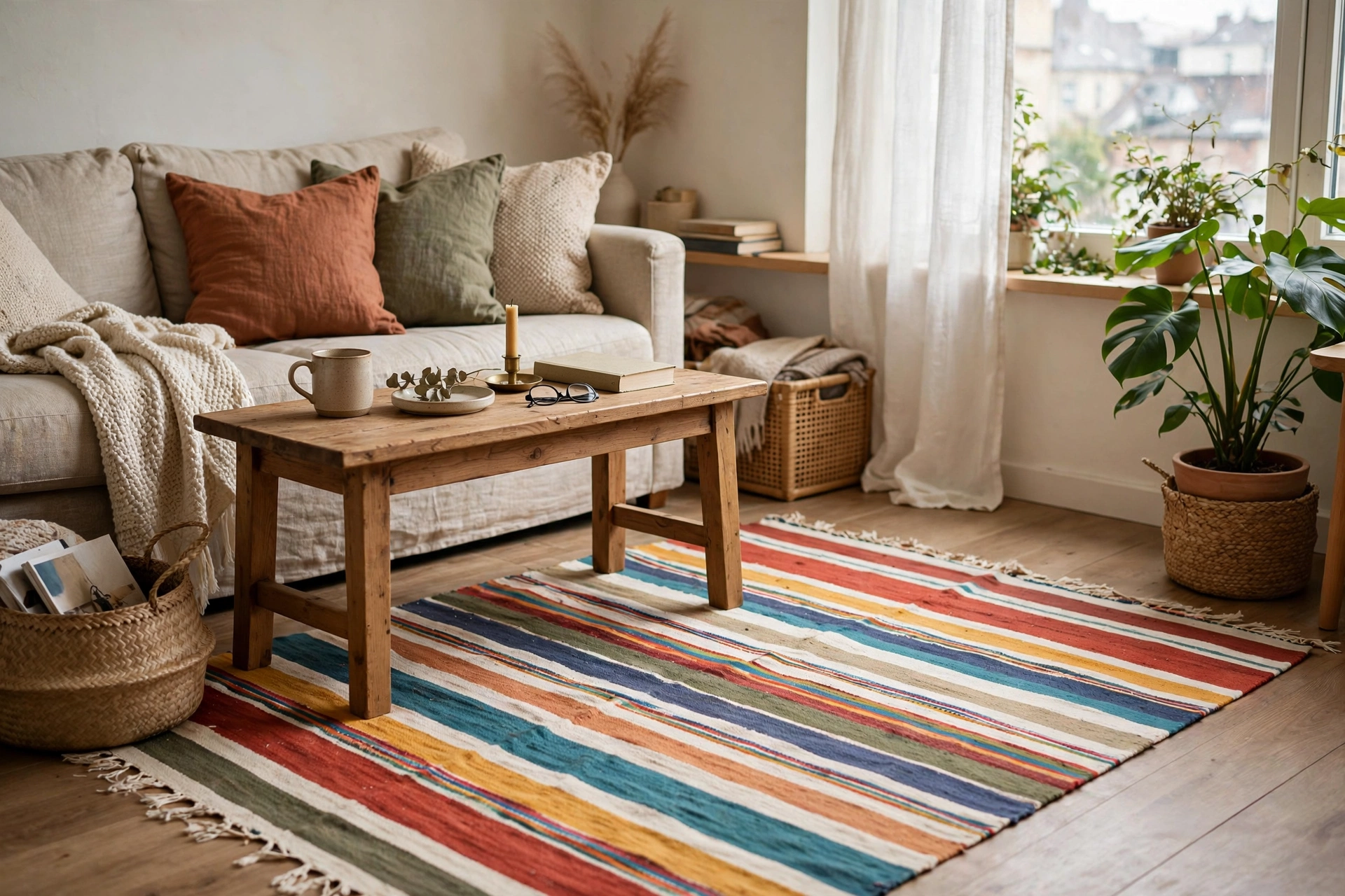 Colorful striped cotton flatweave dhurrie rug in a casual studio apartment corner