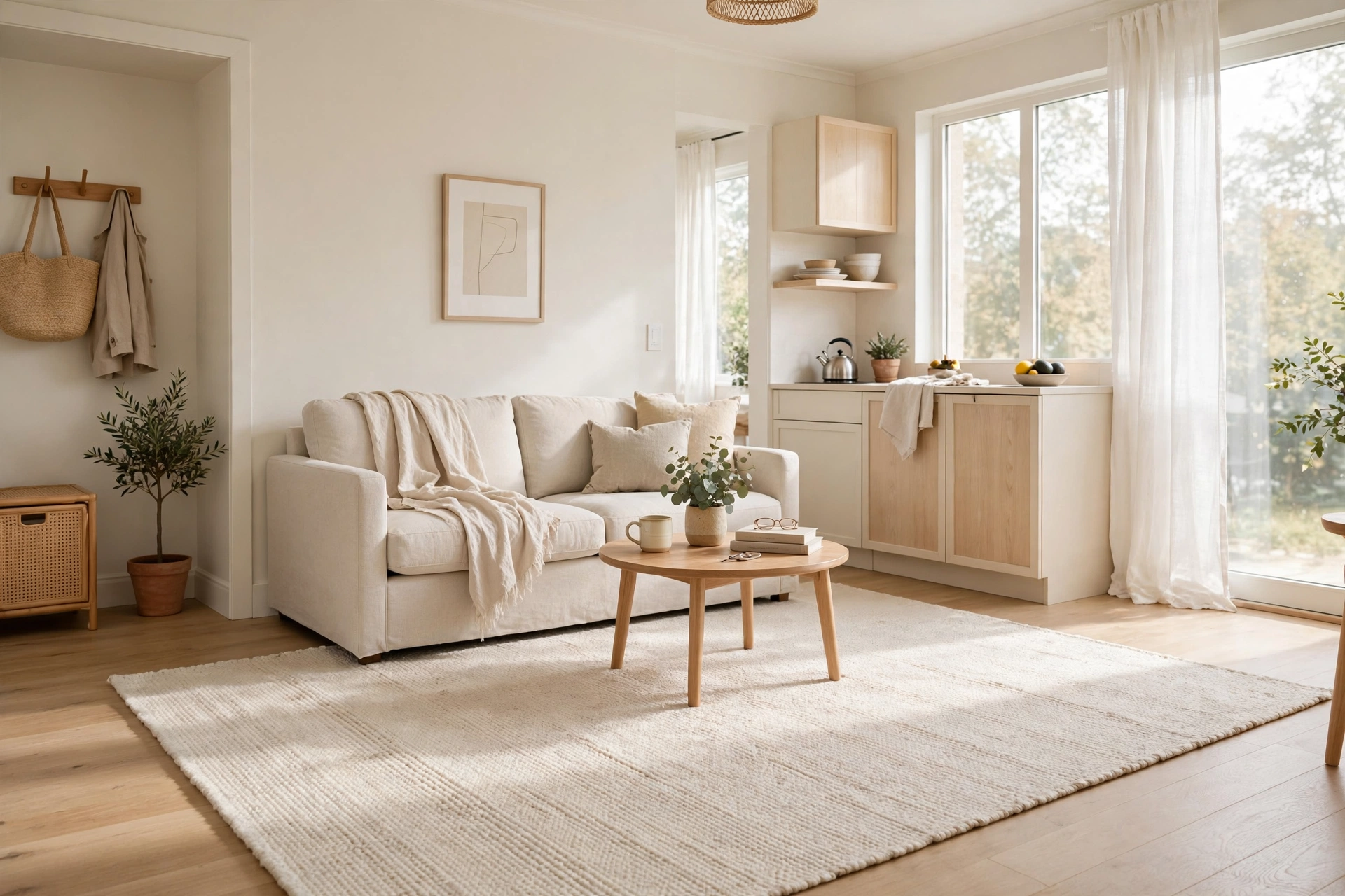 Light ivory area rug making a small studio living room feel larger and brighter