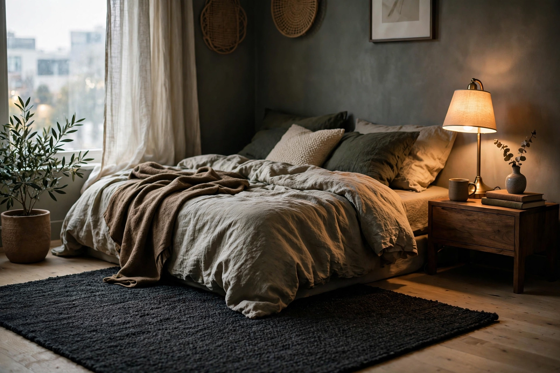 Dark charcoal area rug grounding a moody studio sleeping corner with warm light