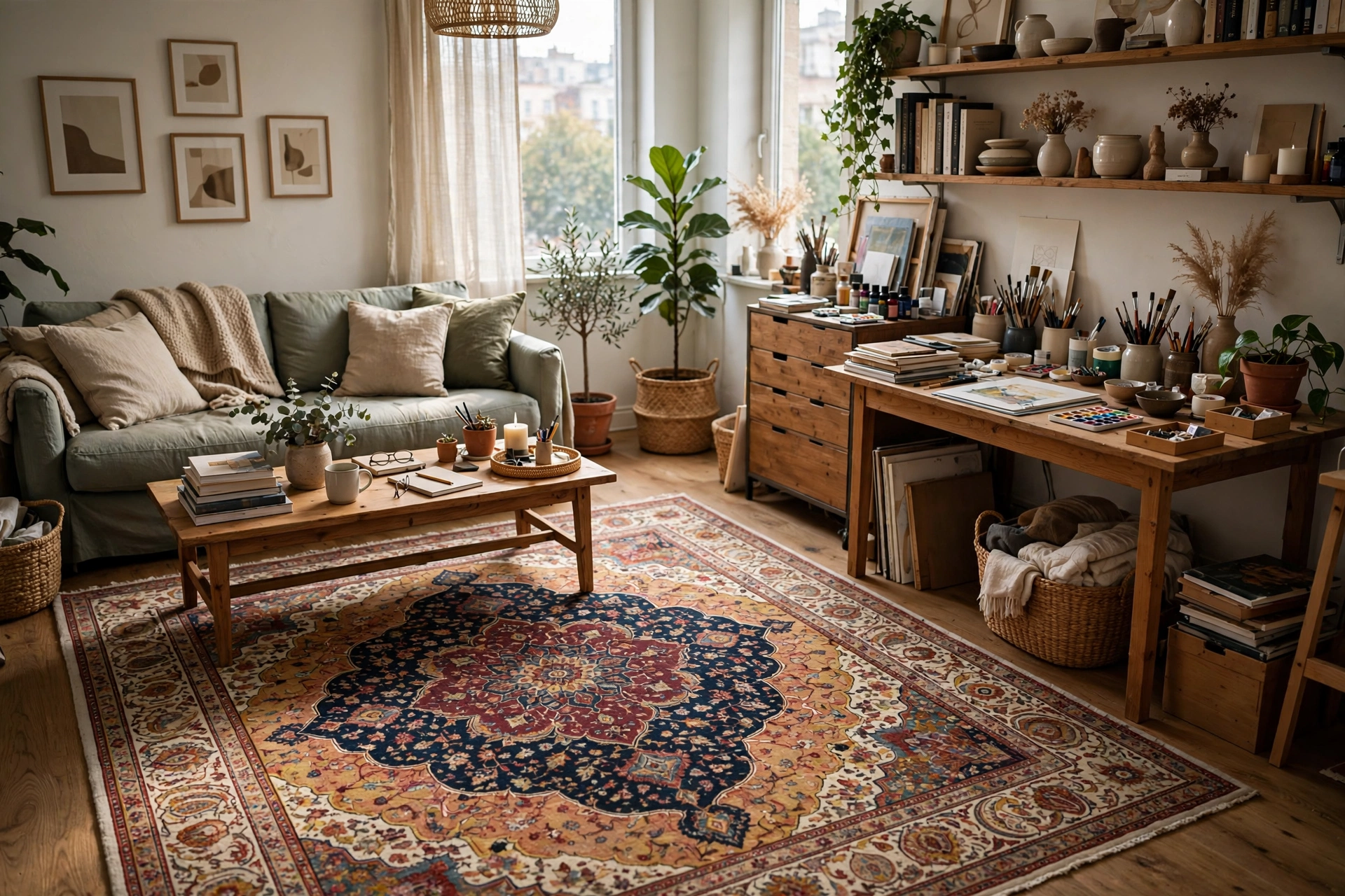 Patterned Persian-style medallion rug in a busy studio living zone