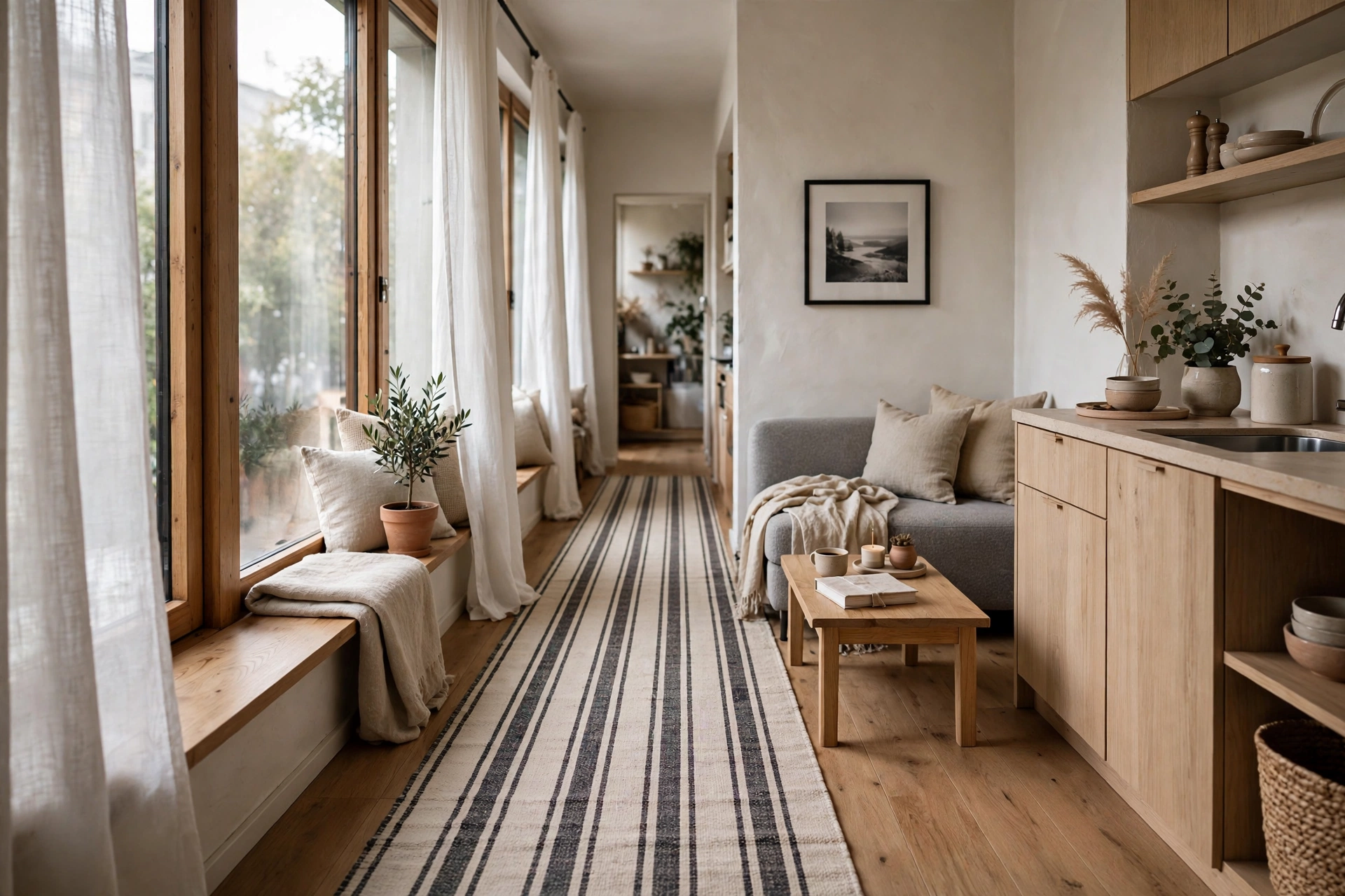 Striped runner rug elongating a narrow studio space with lengthwise stripes