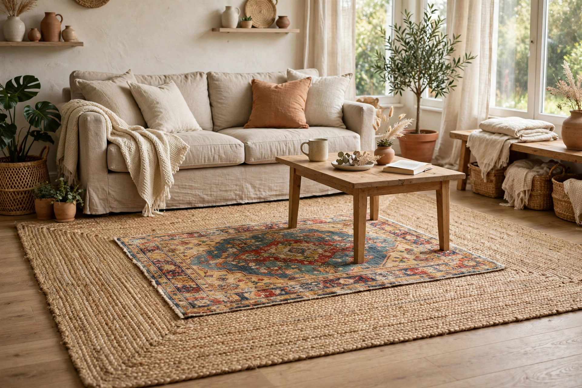 Small patterned vintage rug layered over a larger natural jute rug in a studio