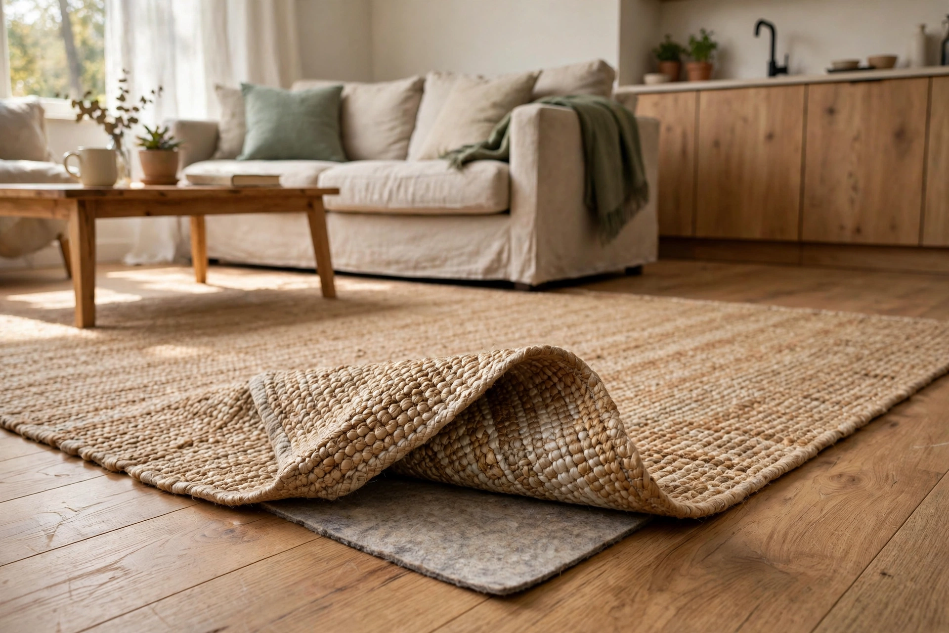 Corner of an area rug lifted to show a felt rug pad underneath on wood floor