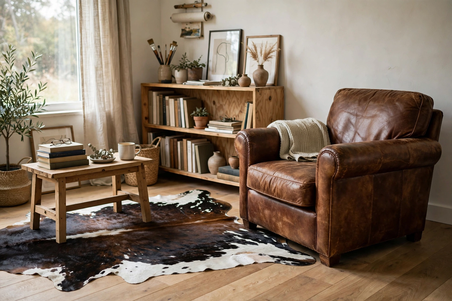 Natural cowhide rug as accent beside a leather armchair in a studio reading corner