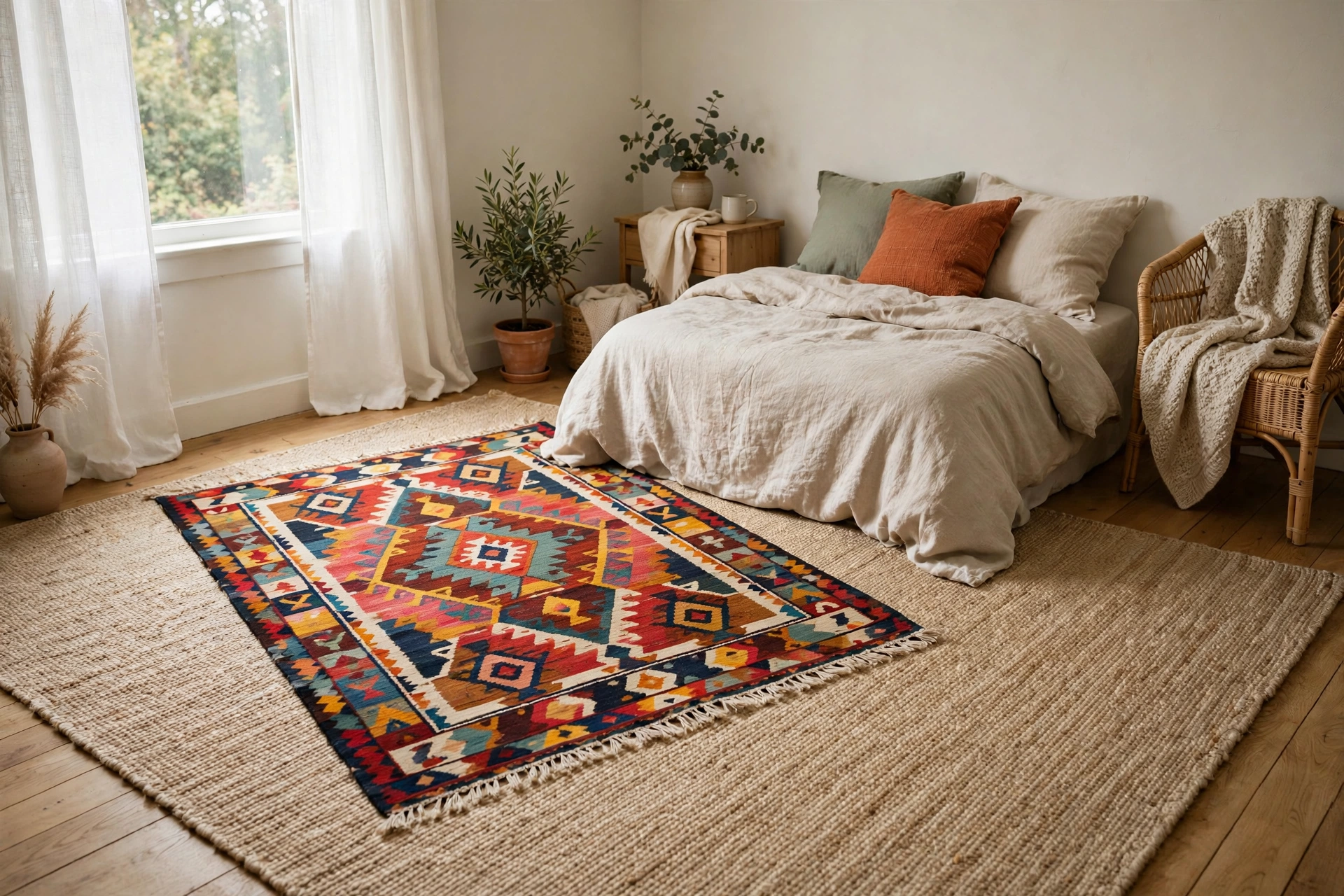 Small colorful rug layered at an angle over a larger neutral rug in a studio corner