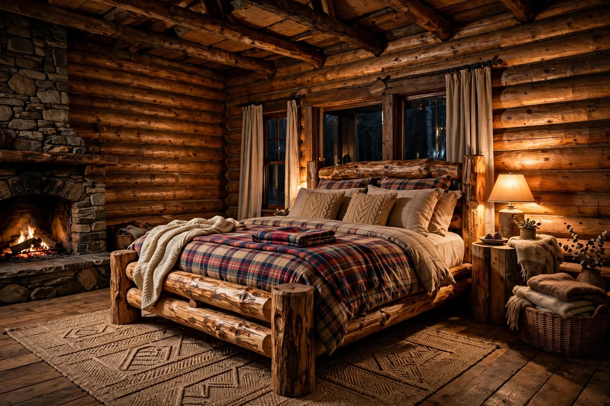 Rustic bedroom with horizontal log cabin wood walls and plaid bedding
