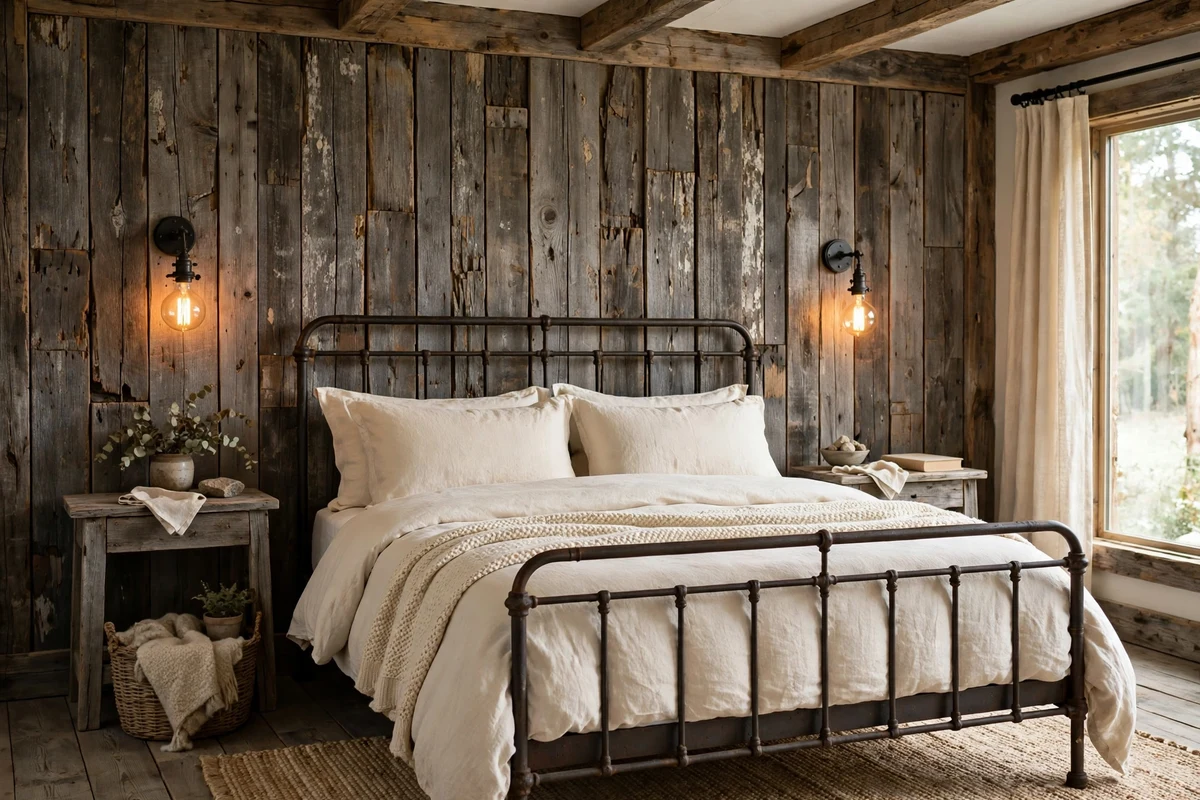 Bedroom with reclaimed barn wood plank accent wall behind iron bed