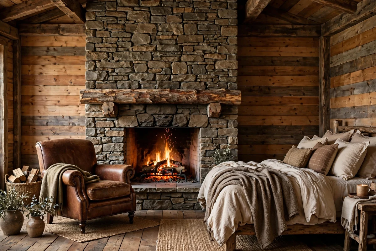 Rustic bedroom with floor-to-ceiling stacked stone fireplace
