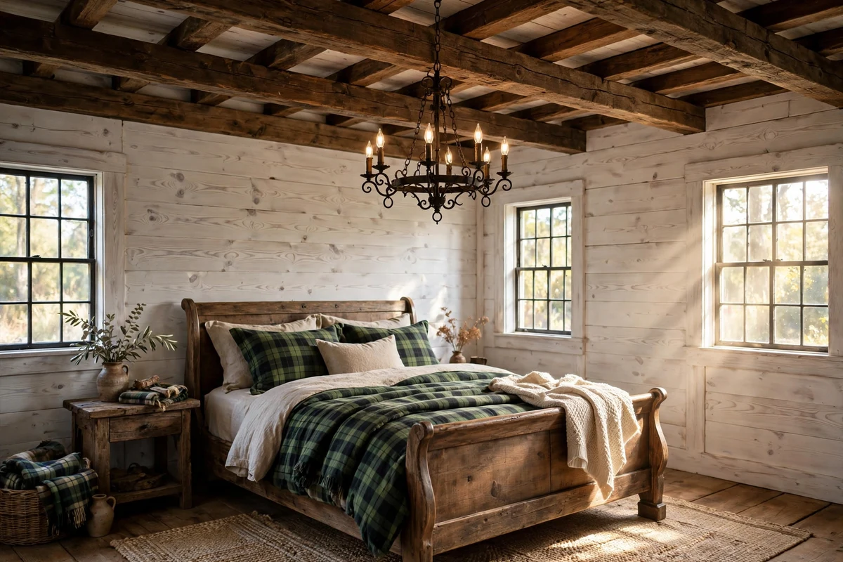 Rustic bedroom with heavy exposed wooden ceiling beams