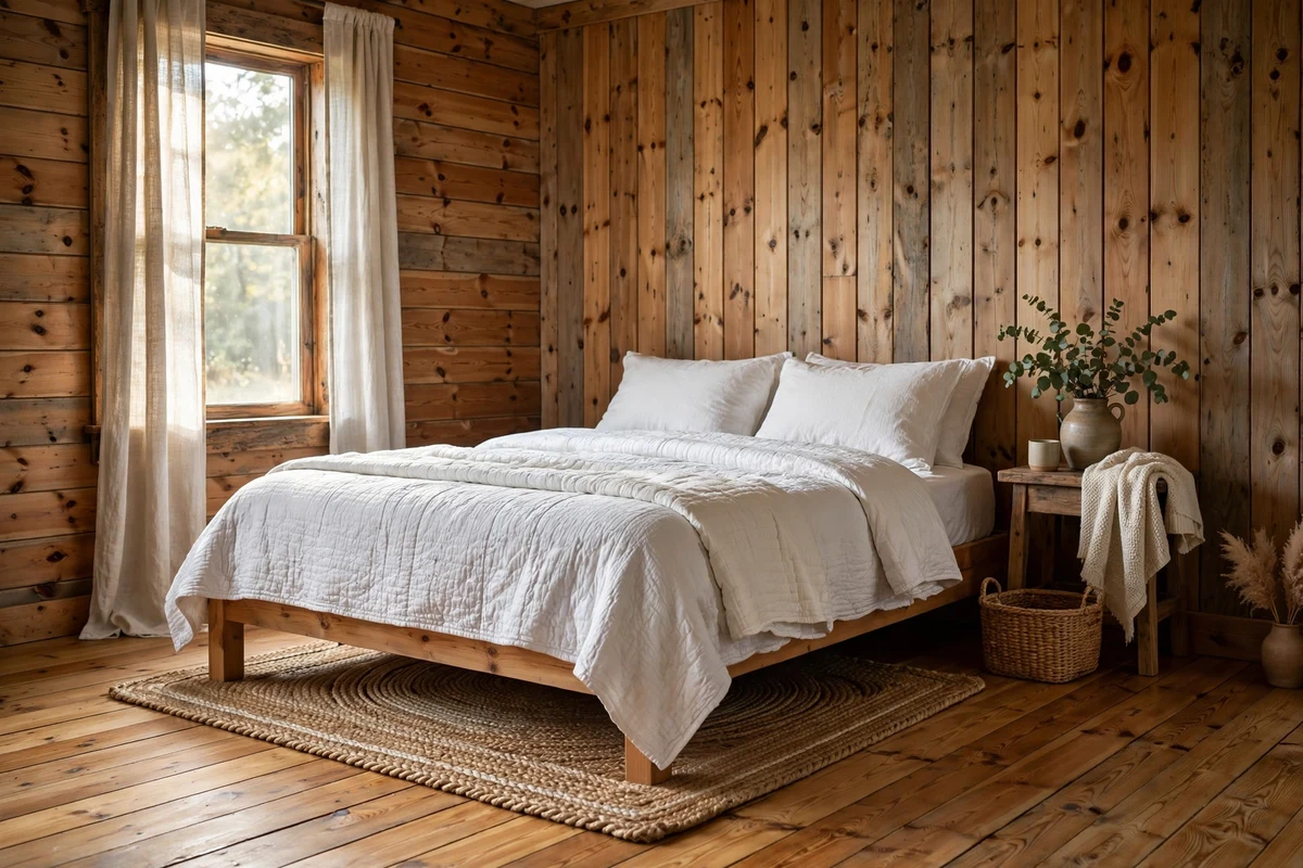 Rustic bedroom with wide-plank pine wood floors and braided rug