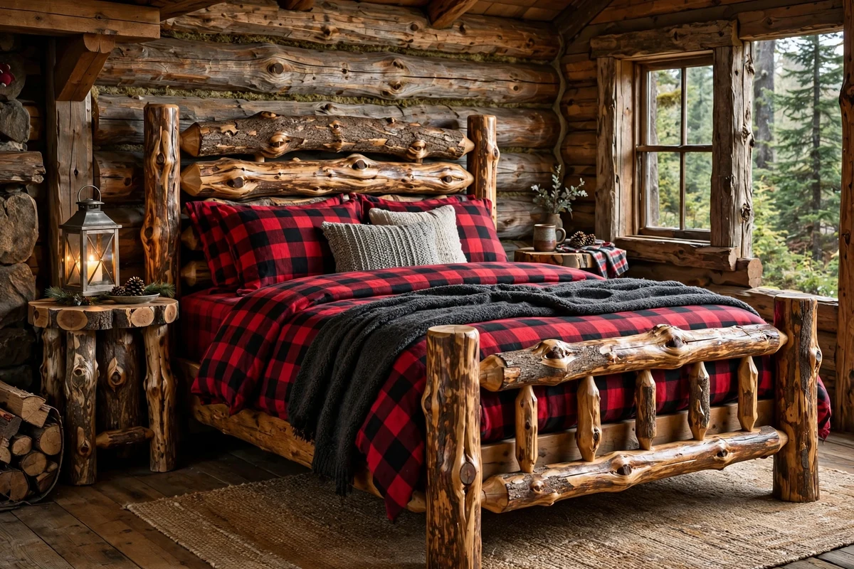 Rustic bedroom with handcrafted knotty alder log bed frame