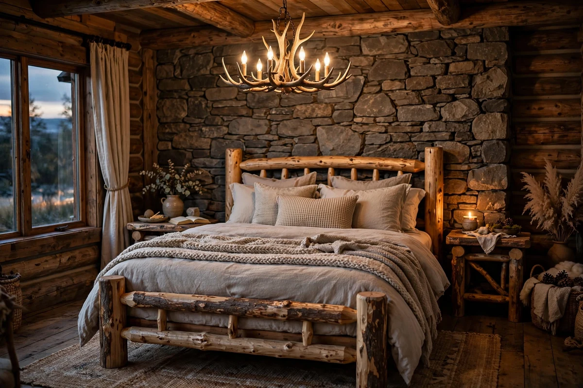 Rustic bedroom with antler chandelier over bed