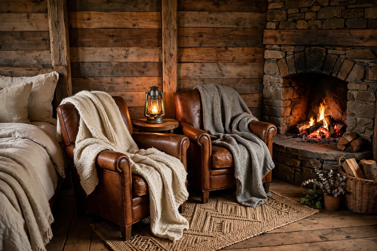 Rustic bedroom corner with stone hearth seating nook and leather chairs
