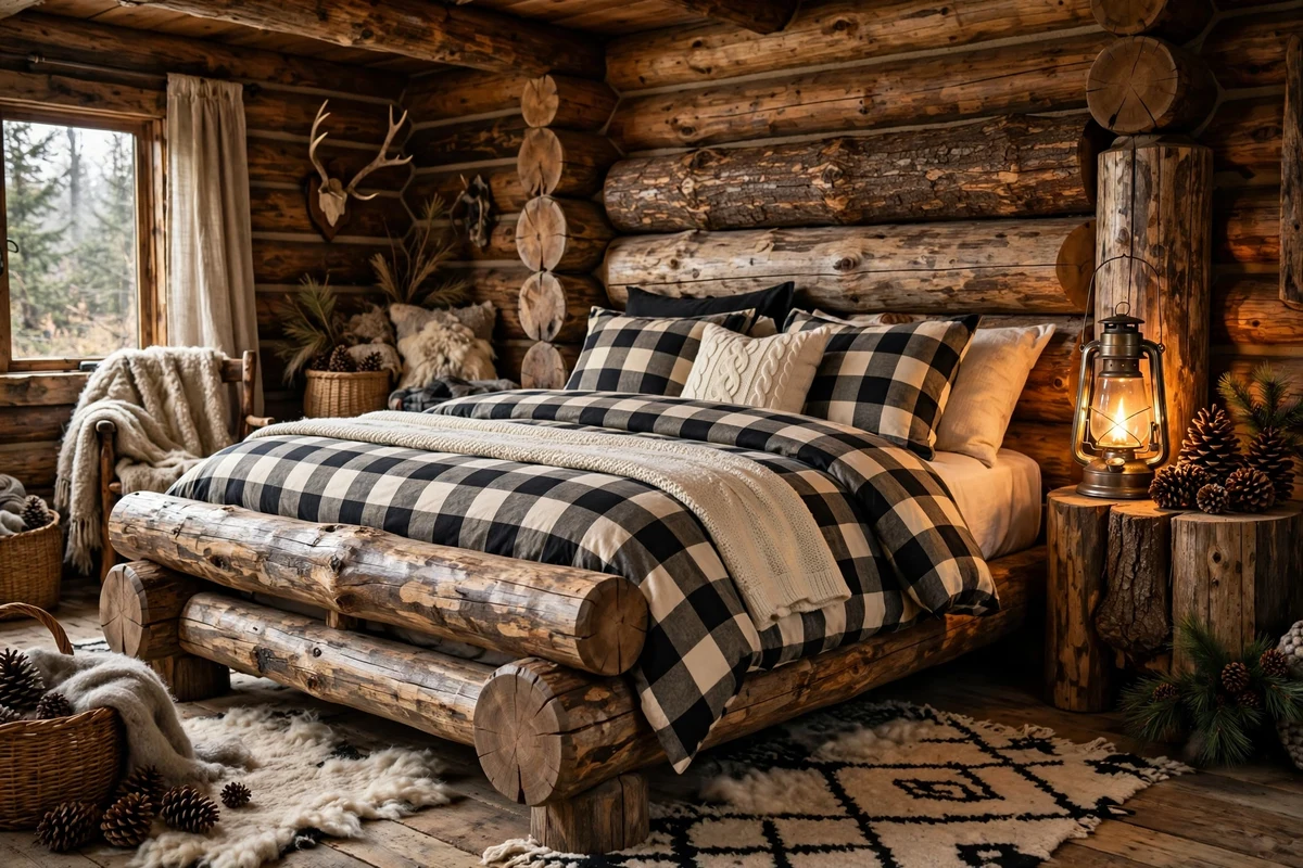 Rustic bedroom with massive horizontal log bed frame