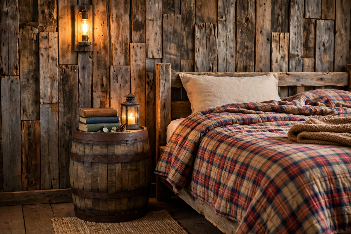 Rustic bedroom with whiskey barrel nightstand beside bed