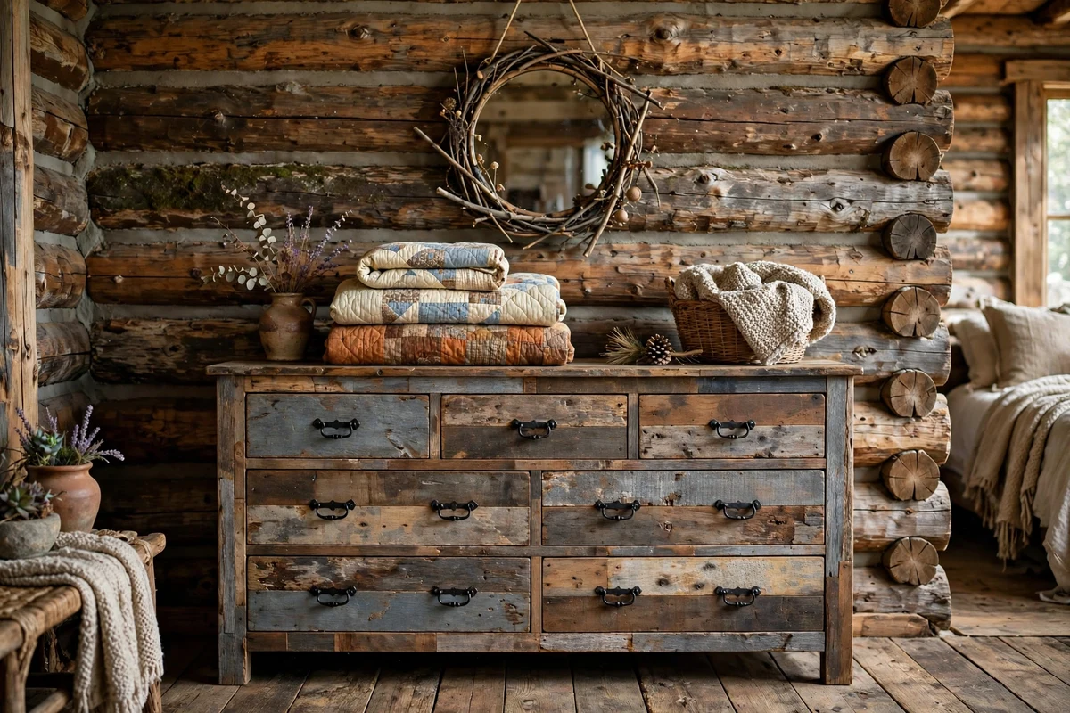 Rustic bedroom with reclaimed wood dresser and twig mirror