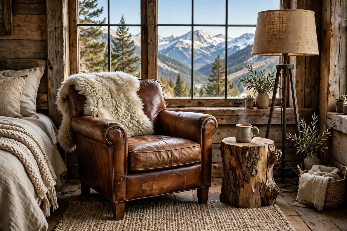 Rustic bedroom corner with worn leather armchair and sheepskin