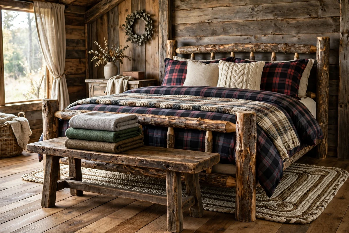 Rustic bedroom with chunky farmhouse bench at foot of bed