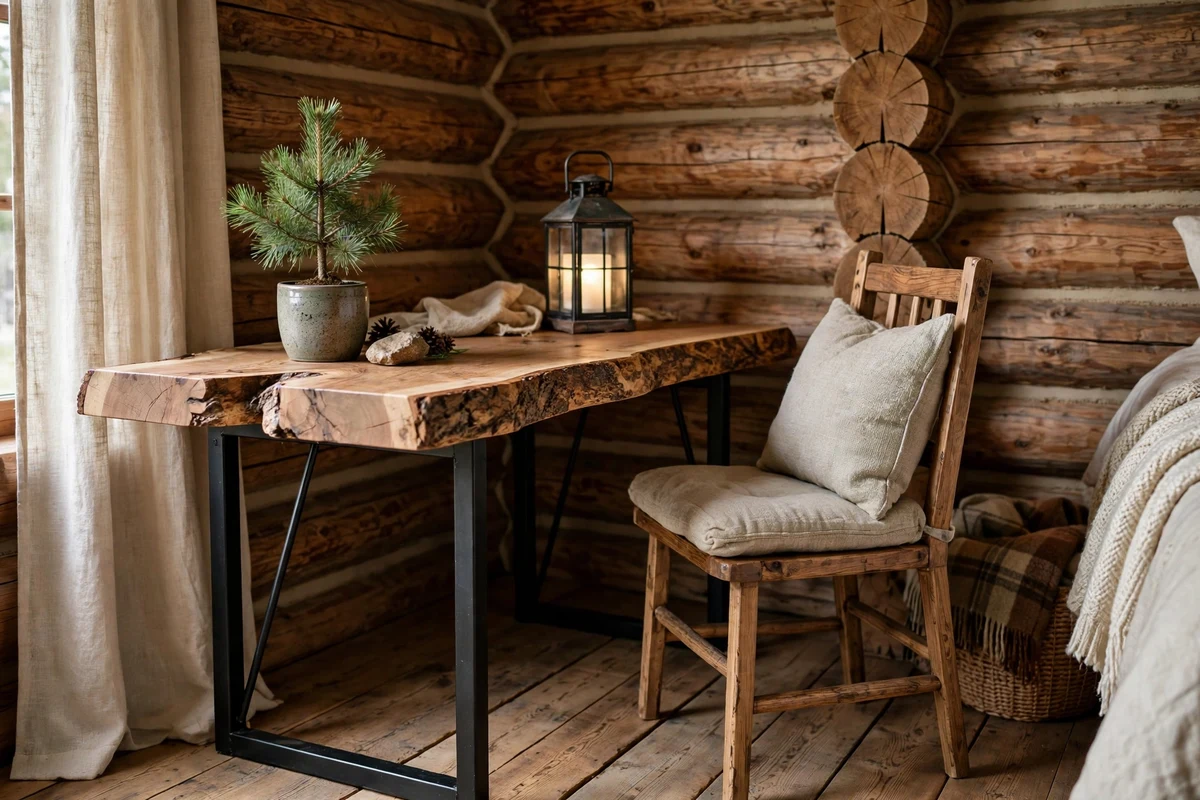 Rustic bedroom corner with live-edge wood slab desk