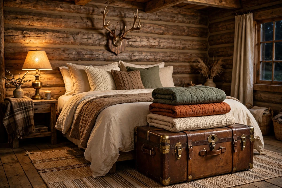 Rustic bedroom with vintage steamer trunk at bed foot