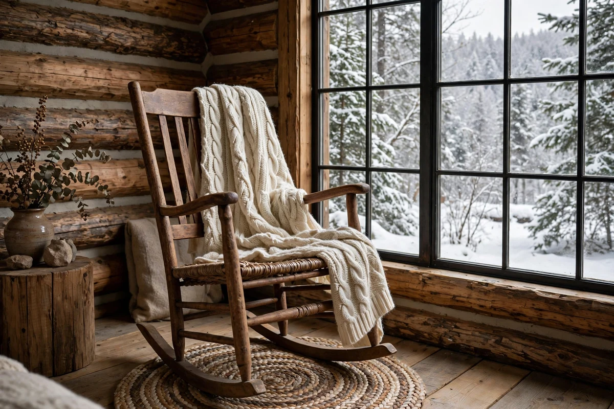 Rustic bedroom corner with classic wooden rocking chair by window