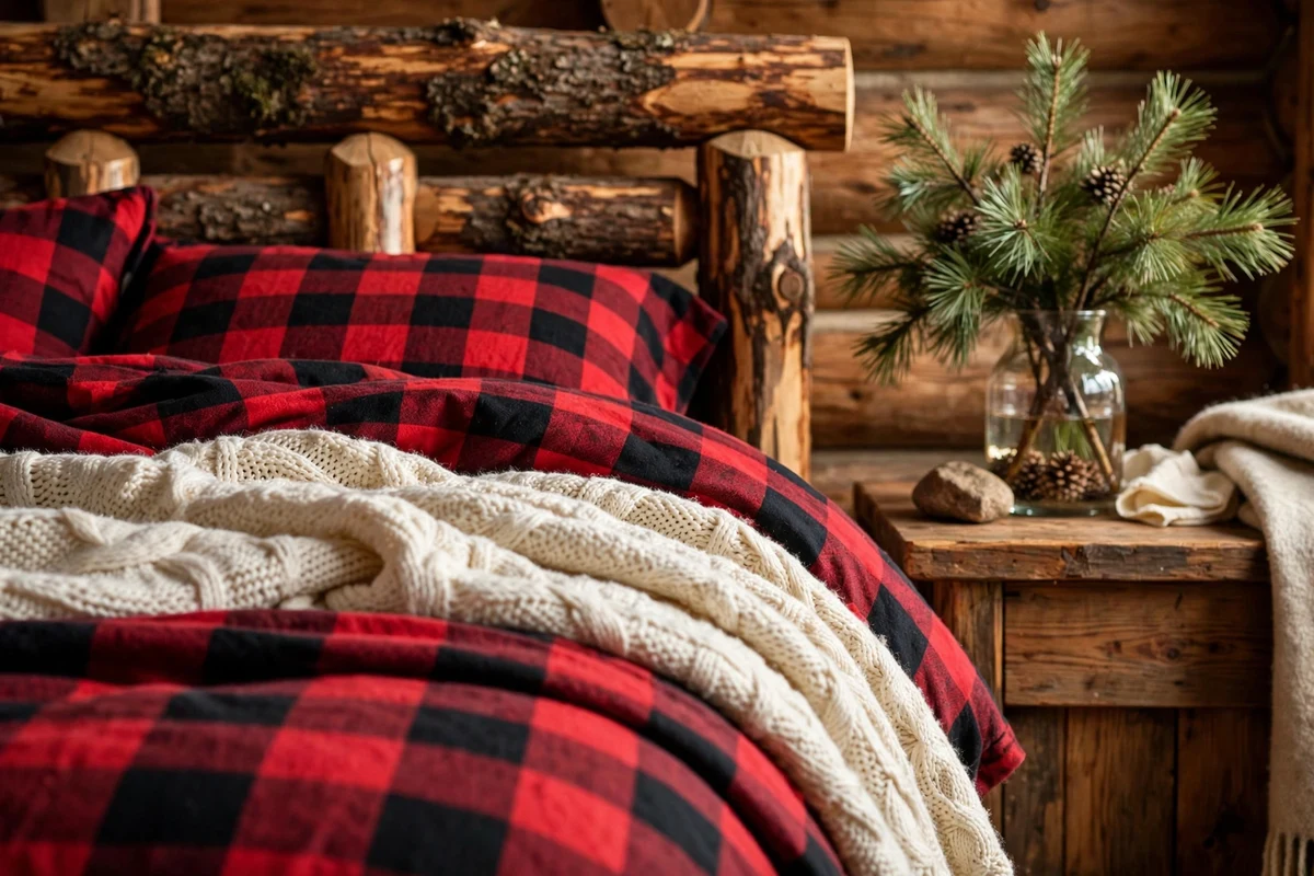 Rustic bed with red and black plaid flannel bedding