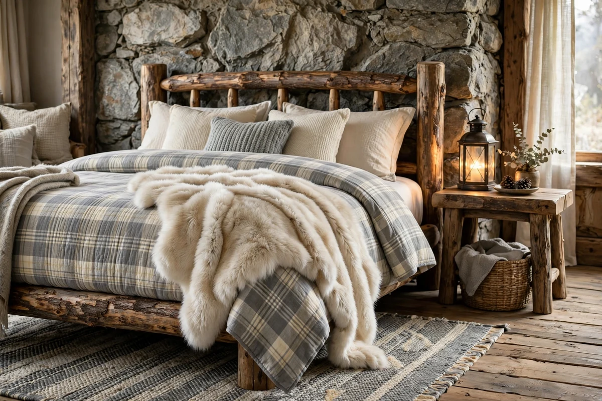 Rustic bedroom bed with faux fur throw over plaid quilt