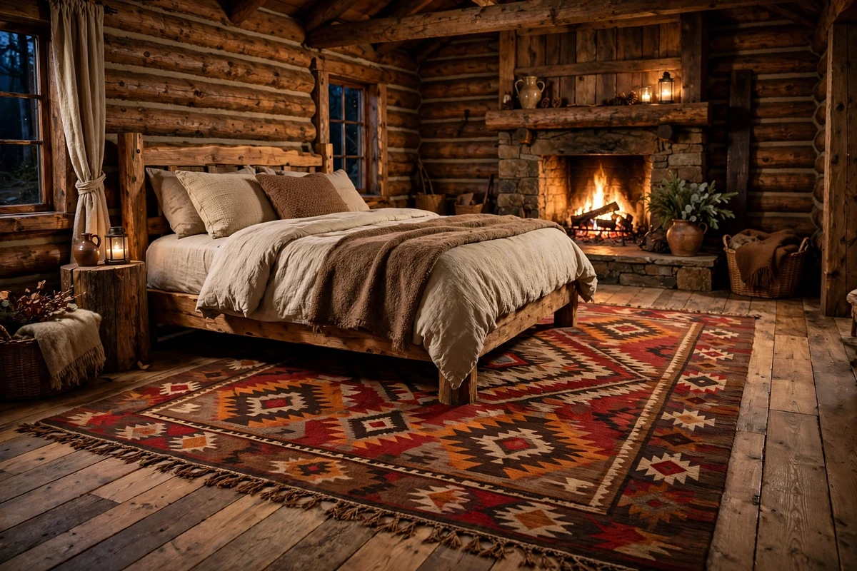 Rustic bedroom with handwoven wool area rug under bed