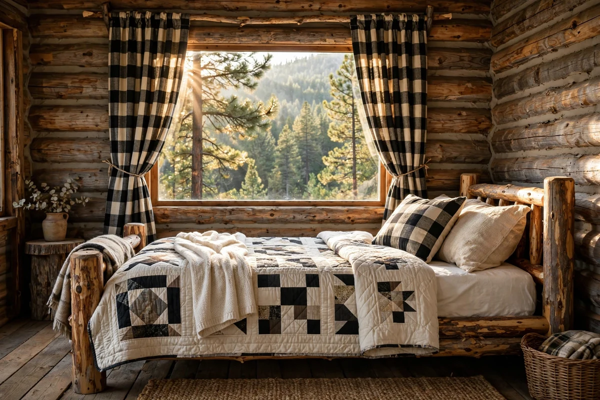 Rustic bedroom window with buffalo check curtains on branch rod