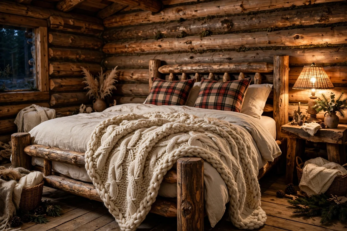 Rustic bedroom with oversized chunky knit blanket on bed